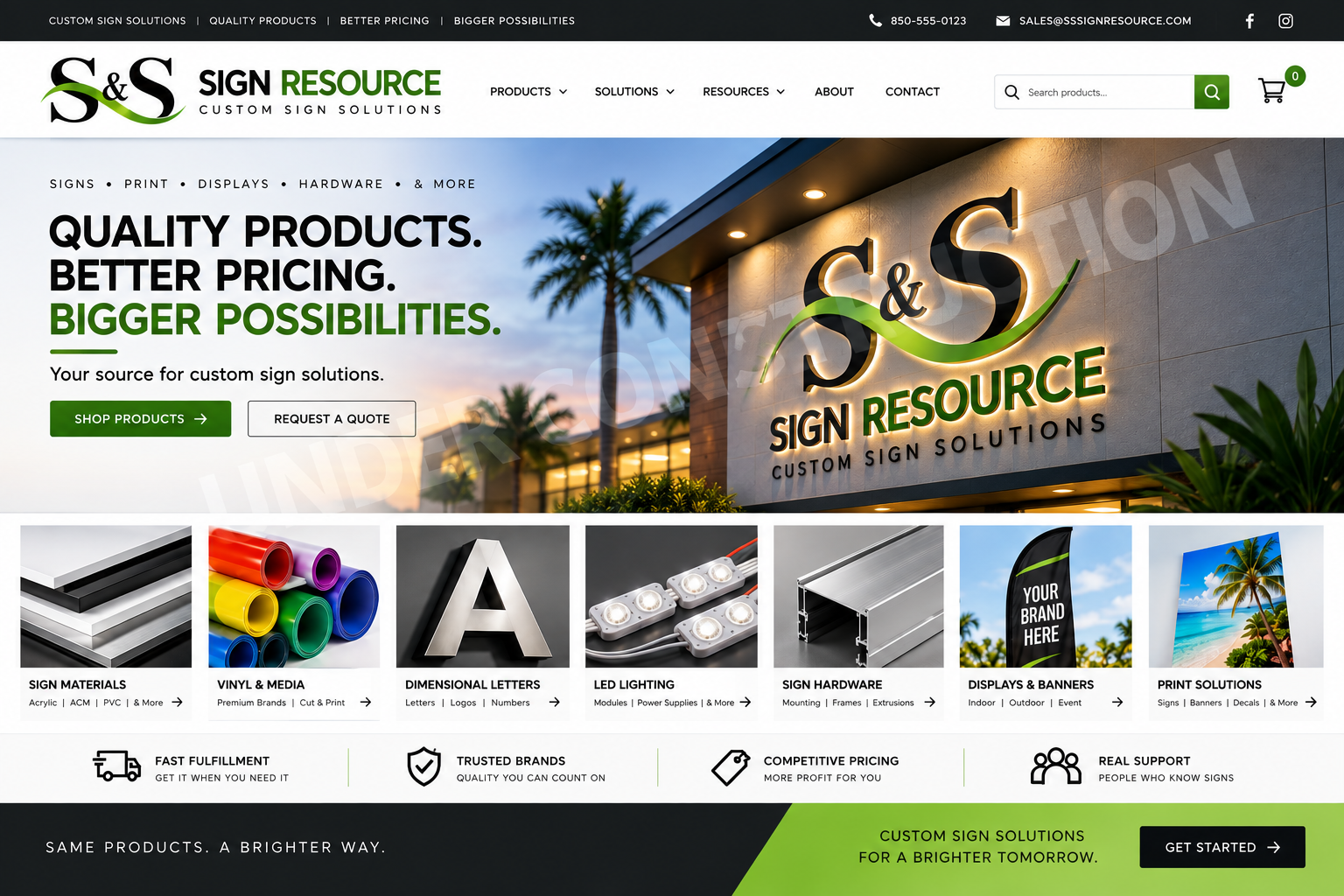 S&S Sign Resource homepage design with Under Construction watermark